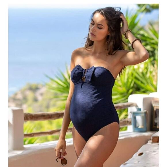 Cache Coeur navy blue Bamboo ribbed 1 piece maternity swimsuit size XS NWT - Picture 2 of 5